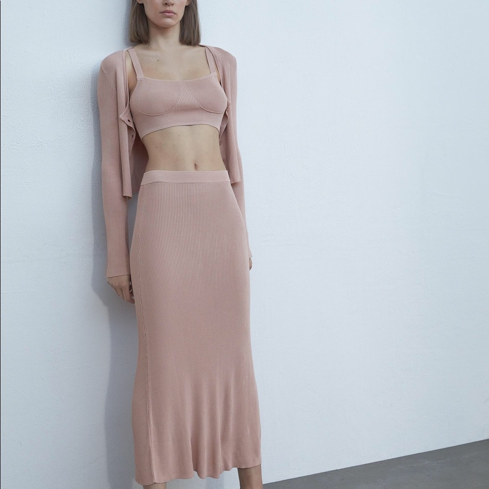 Zara Pink Ribbed Knit Skirt Cardigan Top SZ M-S
